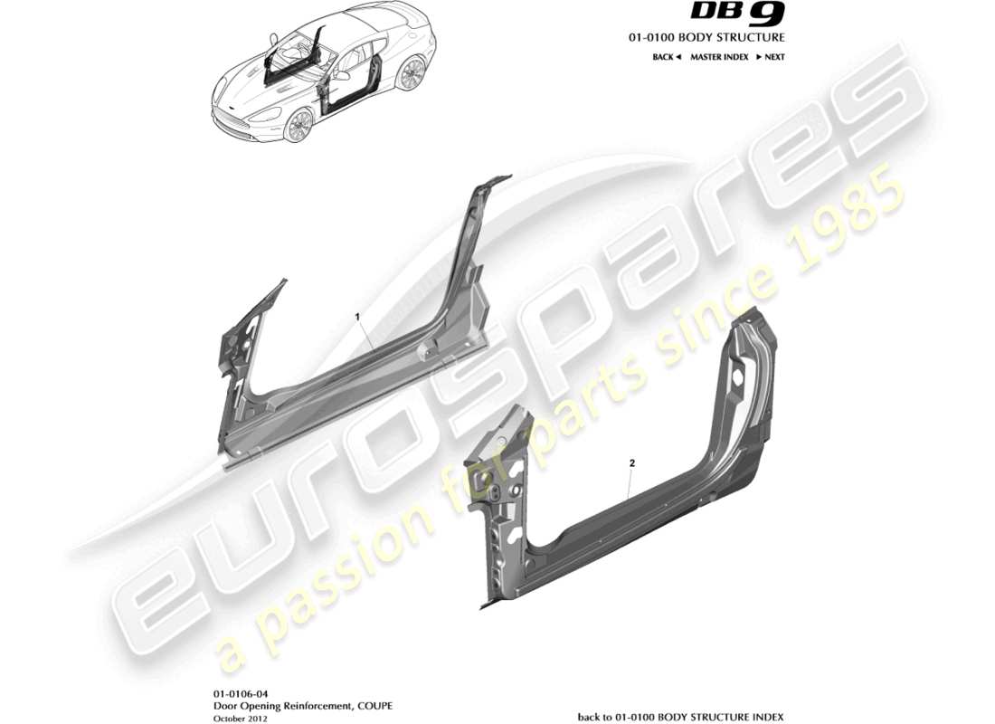aston martin db9 (2014) telaio di apertura della porta, diagramma delle parti della coupé