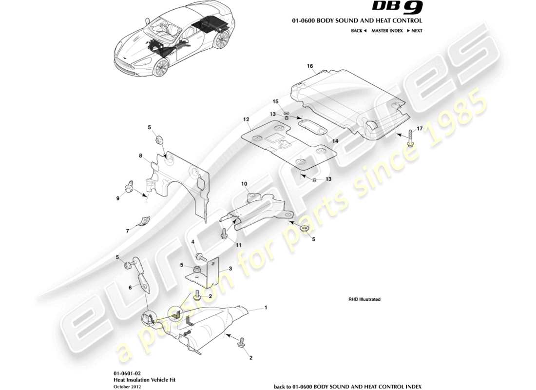 aston martin db9 (2016) isolamento termico, adattabilità al veicolo diagramma delle parti