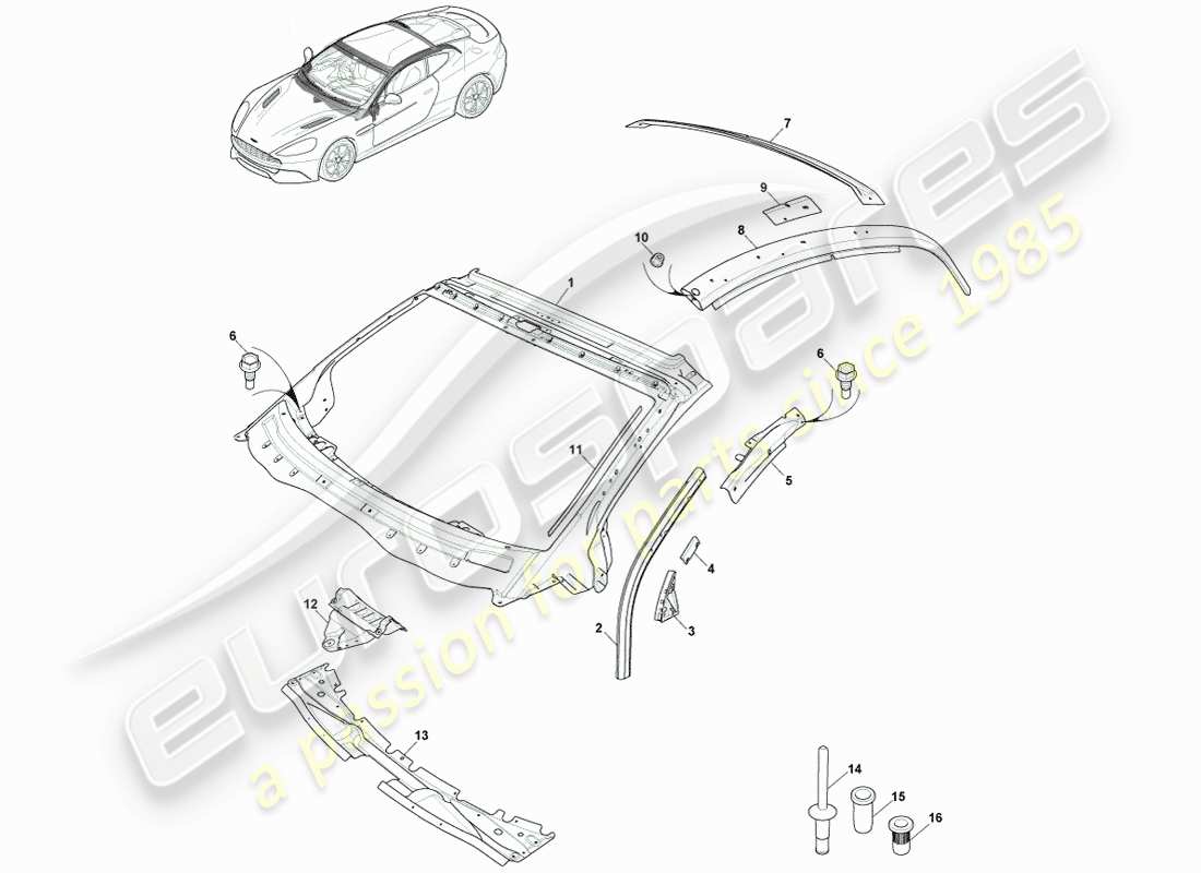 aston martin vanquish (2014) cruscotto e cappuccio della carrozzeria, diagramma delle parti della coupé