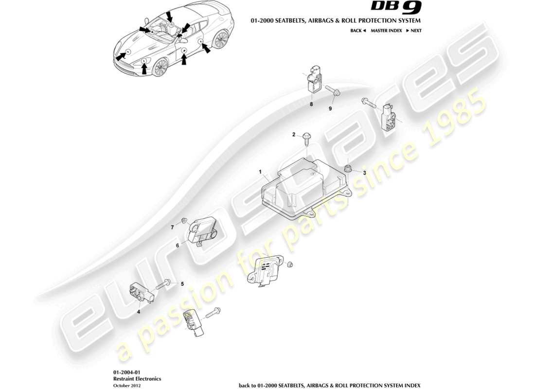 aston martin db9 (2014) diagramma delle parti dell'elettronica di ritenuta