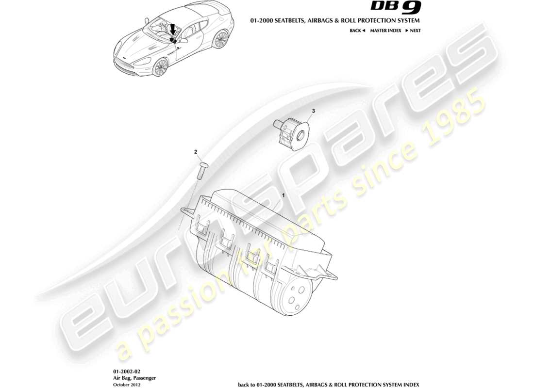 aston martin db9 (2016) airbag, schema delle parti del passeggero