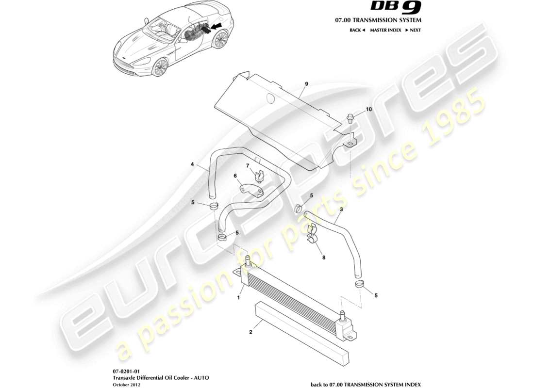 aston martin db9 (2014) schema delle parti del radiatore dell'olio della trasmissione