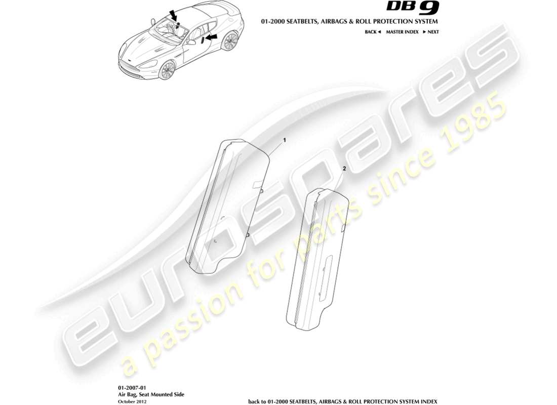 aston martin db9 (2014) diagramma delle parti dell'airbag laterale anteriore