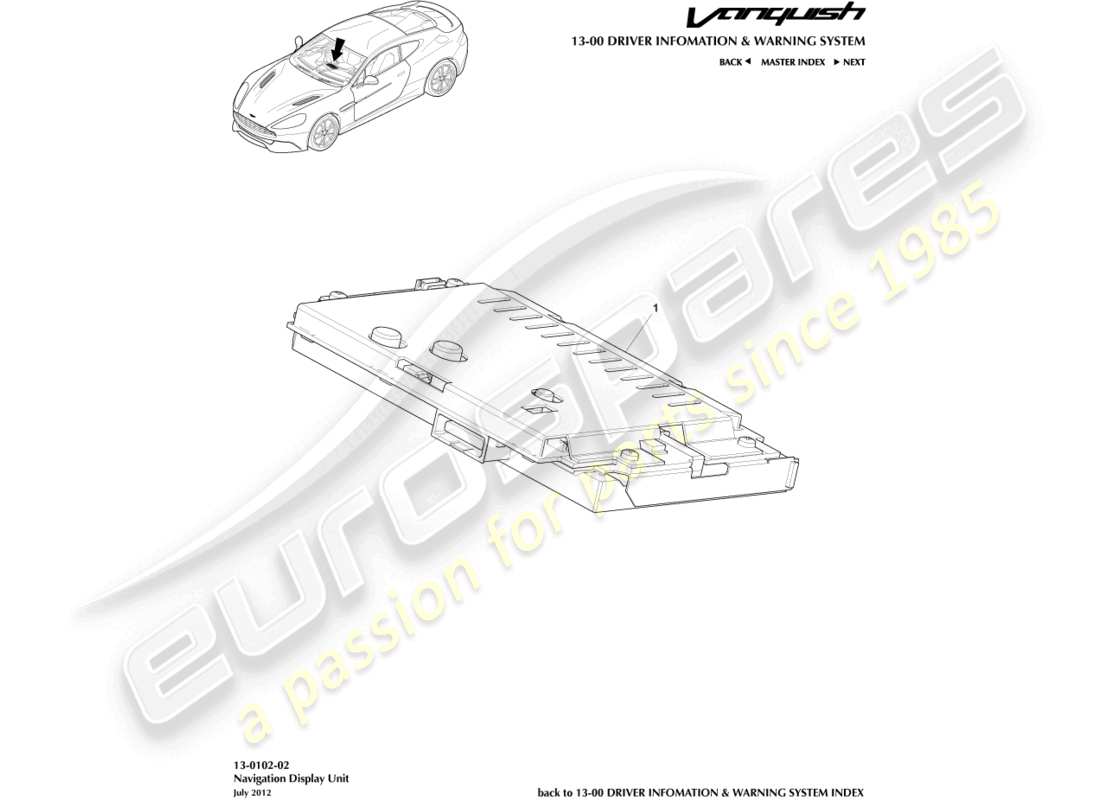 aston martin vanquish (2018) diagramma delle parti del display del navigatore satellitare