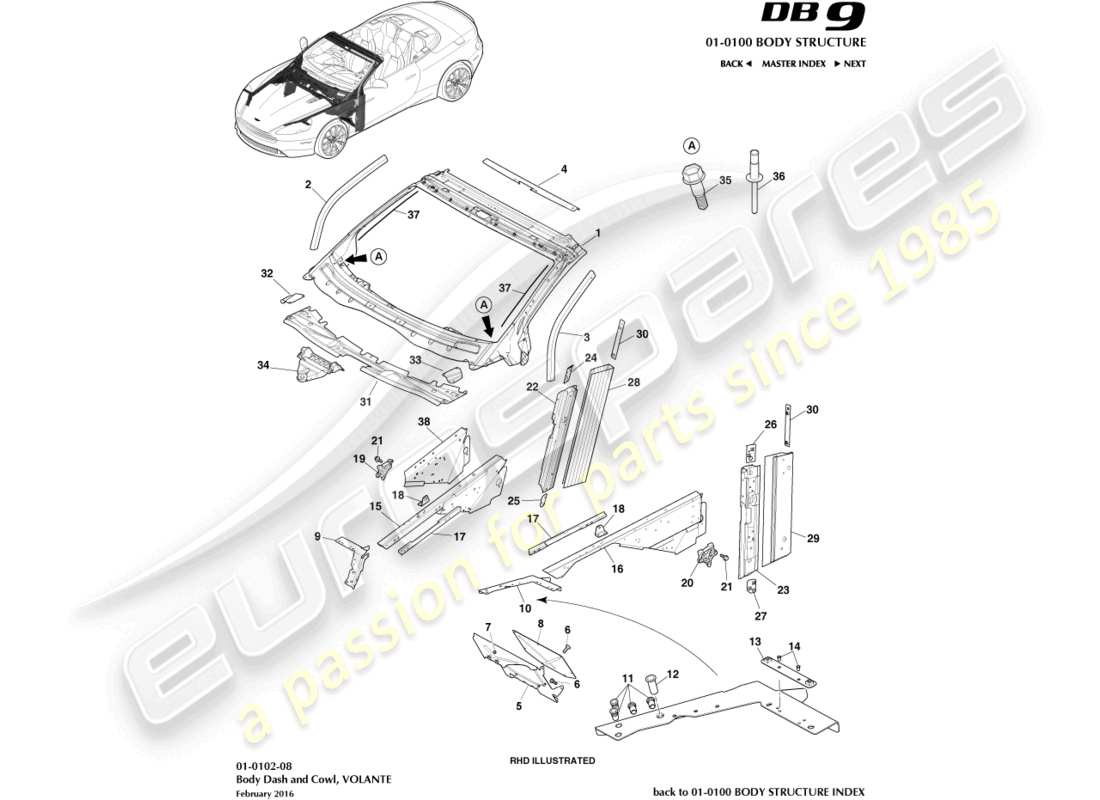 aston martin db9 (2014) cruscotto e cappuccio del corpo, diagramma delle parti del volante