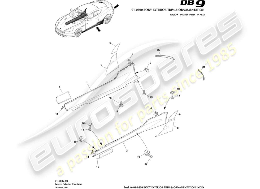 aston martin db9 (2014) finiture esterne inferiori diagramma delle parti