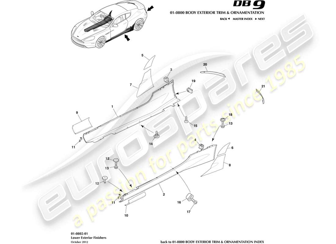 aston martin db9 (2014) diagramma delle parti delle finiture esterne inferiori