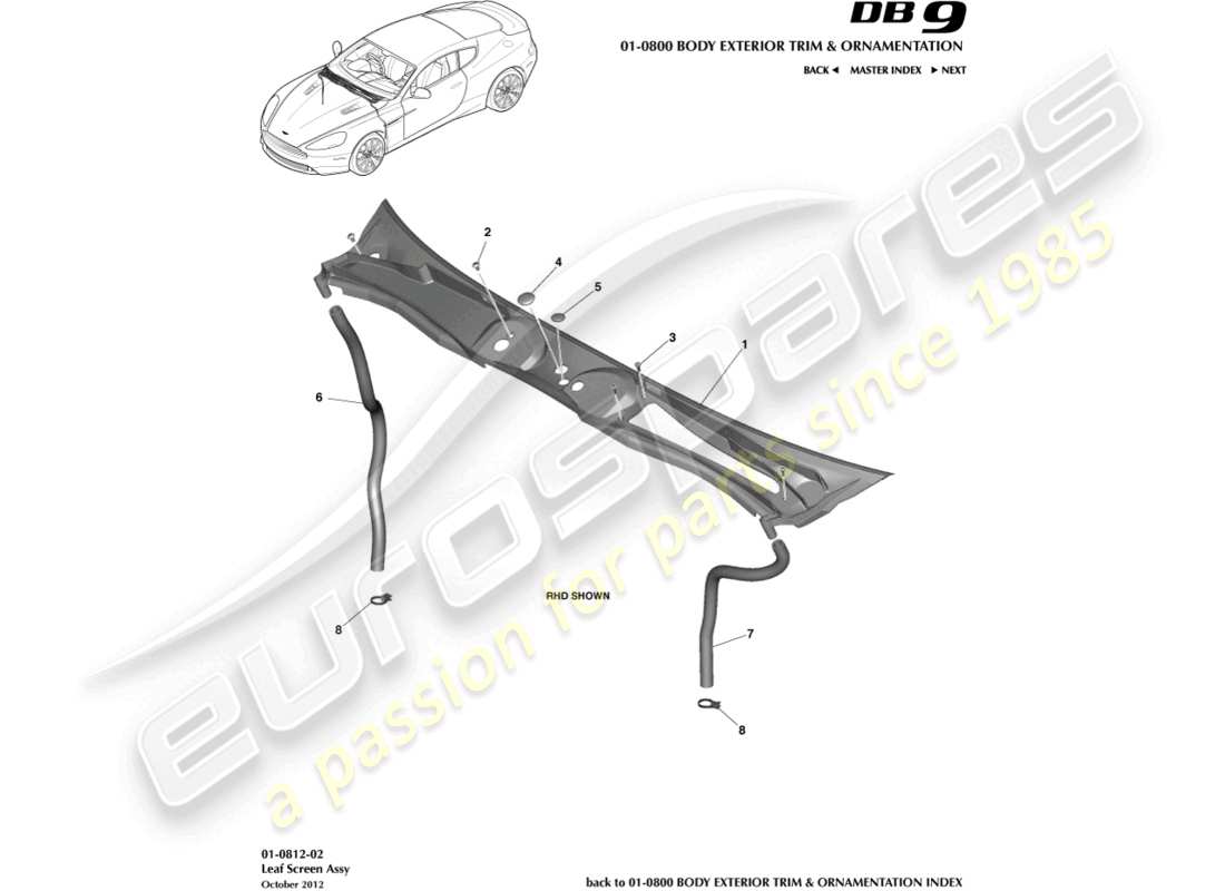 aston martin db9 (2014) schema delle parti del gruppo schermo a foglia