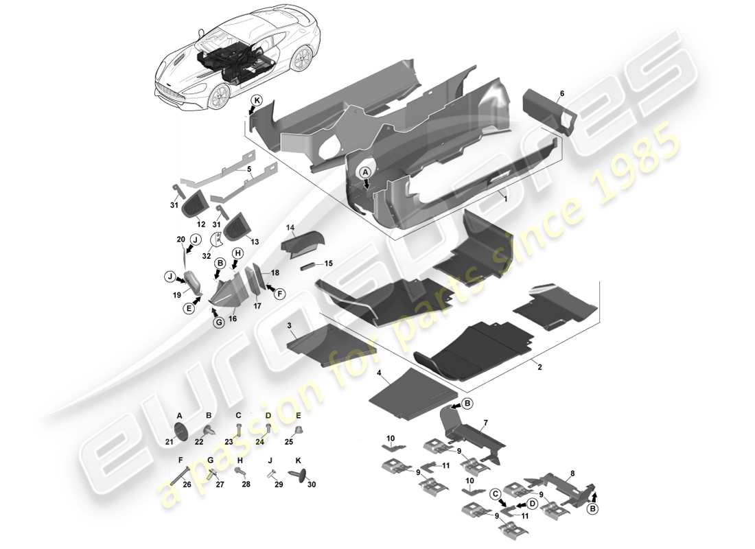 aston martin vanquish (2014) rivestimento del pavimento principale, guida a sinistra diagramma delle parti