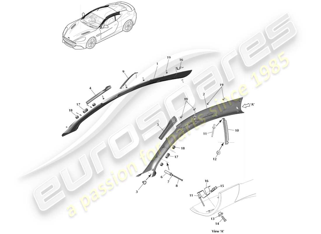 aston martin vanquish (2013) rivestimento montante, superiore, coupé diagramma delle parti