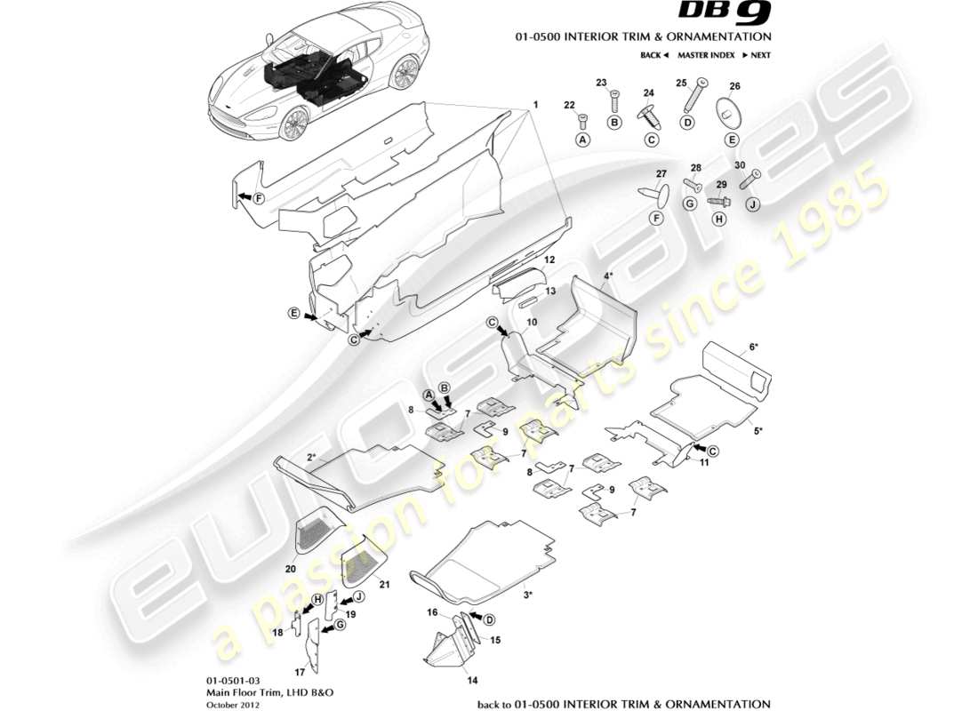 aston martin db9 (2016) rivestimento del pavimento principale, guida a sinistra, diagramma delle parti b&o