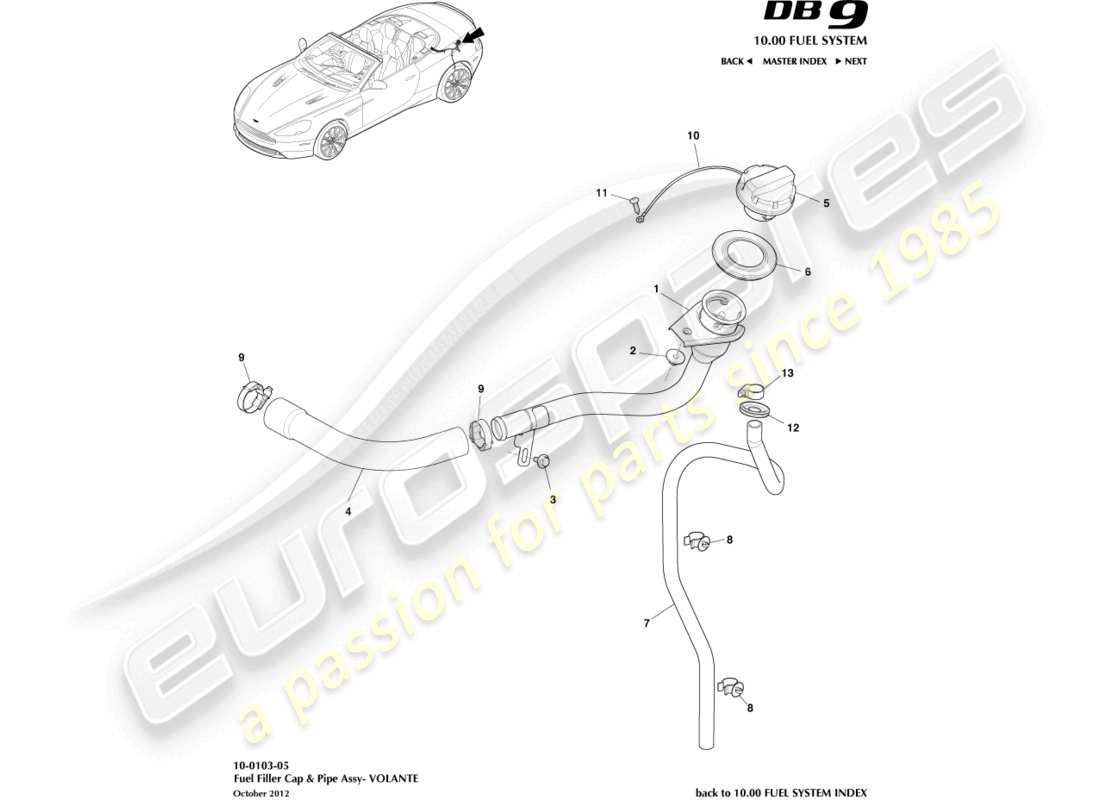 aston martin db9 (2016) gruppo bocchettone di rifornimento carburante, diagramma delle parti volante