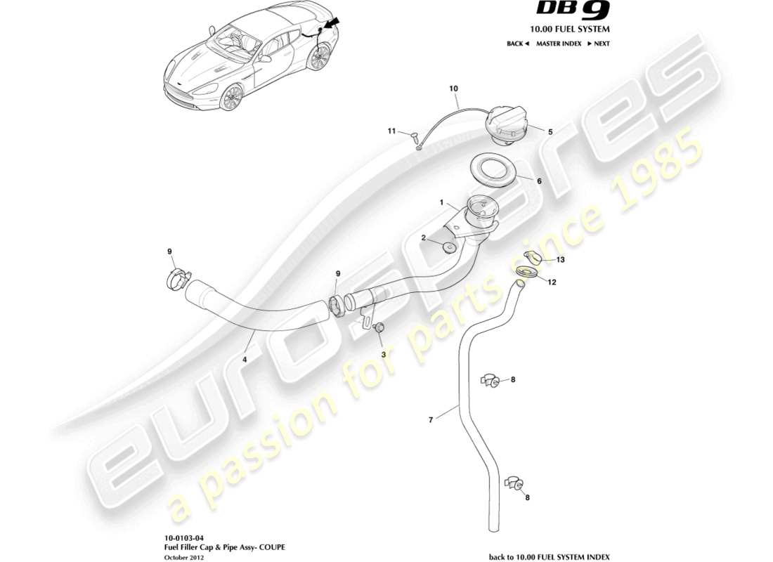 aston martin db9 (2017) gruppo bocchettone di rifornimento carburante, coupé diagramma delle parti