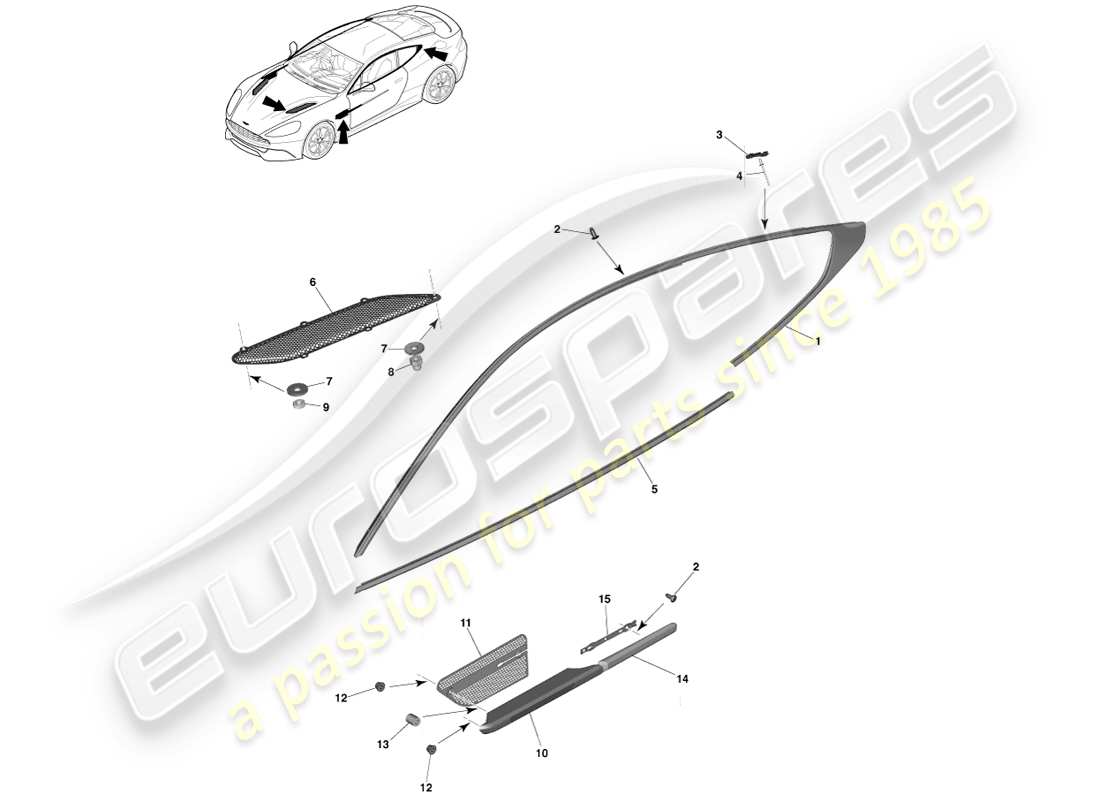 aston martin vanquish (2014) finiture esterne superiori, coupé diagramma delle parti