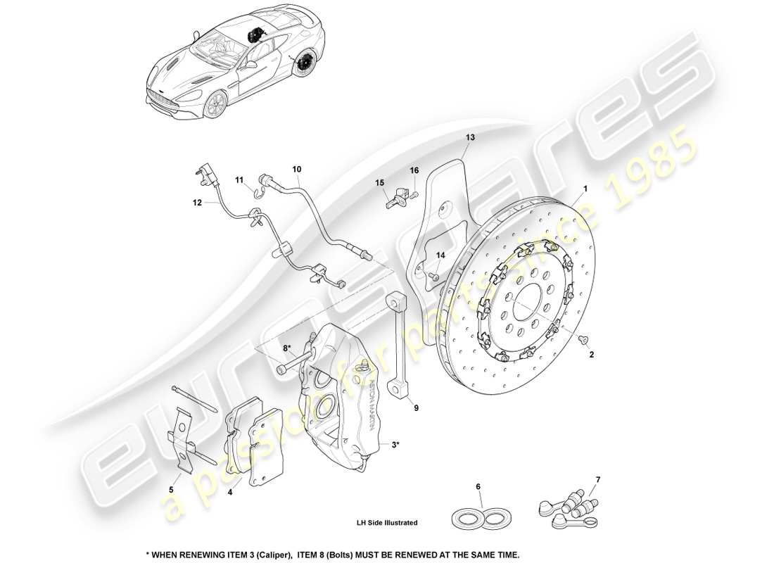 aston martin vanquish (2013) sistema frenante posteriore diagramma delle parti