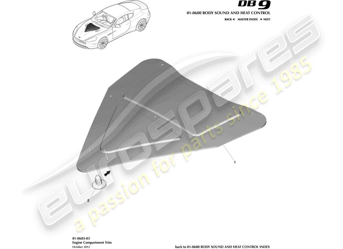 aston martin db9 (2016) diagramma delle parti del rivestimento del vano motore