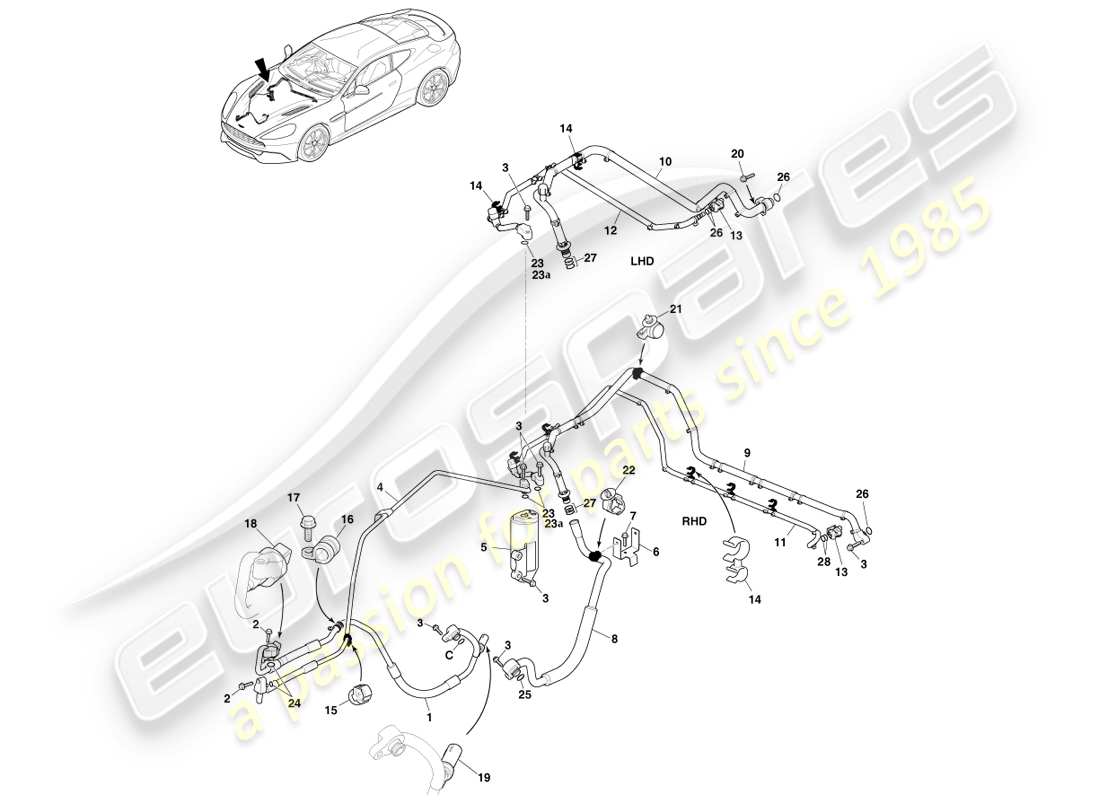 aston martin vanquish (2014) linee di aria condizionata, r134a gas diagramma delle parti