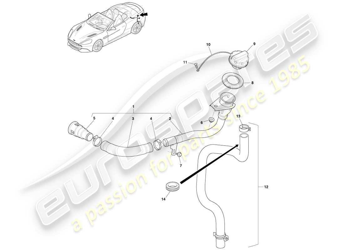 aston martin vanquish (2014) gruppo bocchettone di rifornimento carburante, diagramma delle parti volante