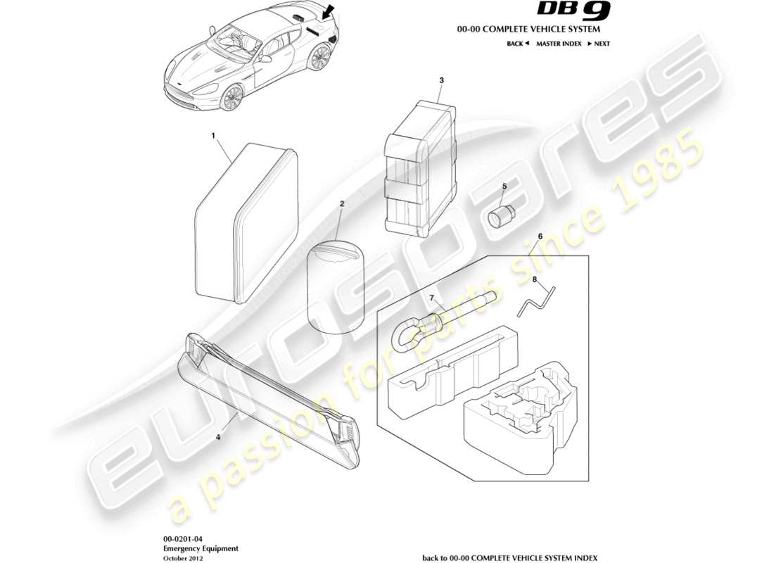 aston martin db9 (2015) attrezzature di emergenza diagramma delle parti