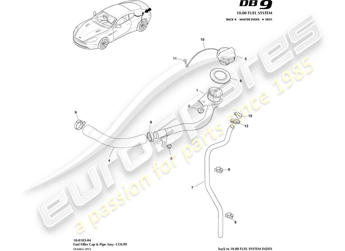 aston martin db9 (2014) gruppo bocchettone di rifornimento carburante, diagramma delle parti coupé