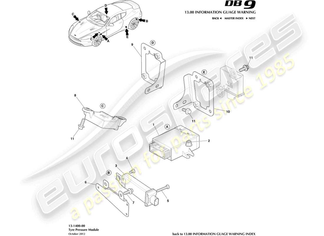 aston martin db9 (2014) diagramma delle parti del modulo pressione pneumatici