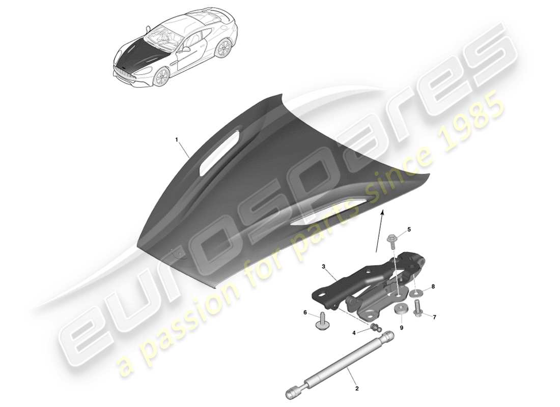 aston martin vanquish (2013) cofano e cerniere diagramma delle parti