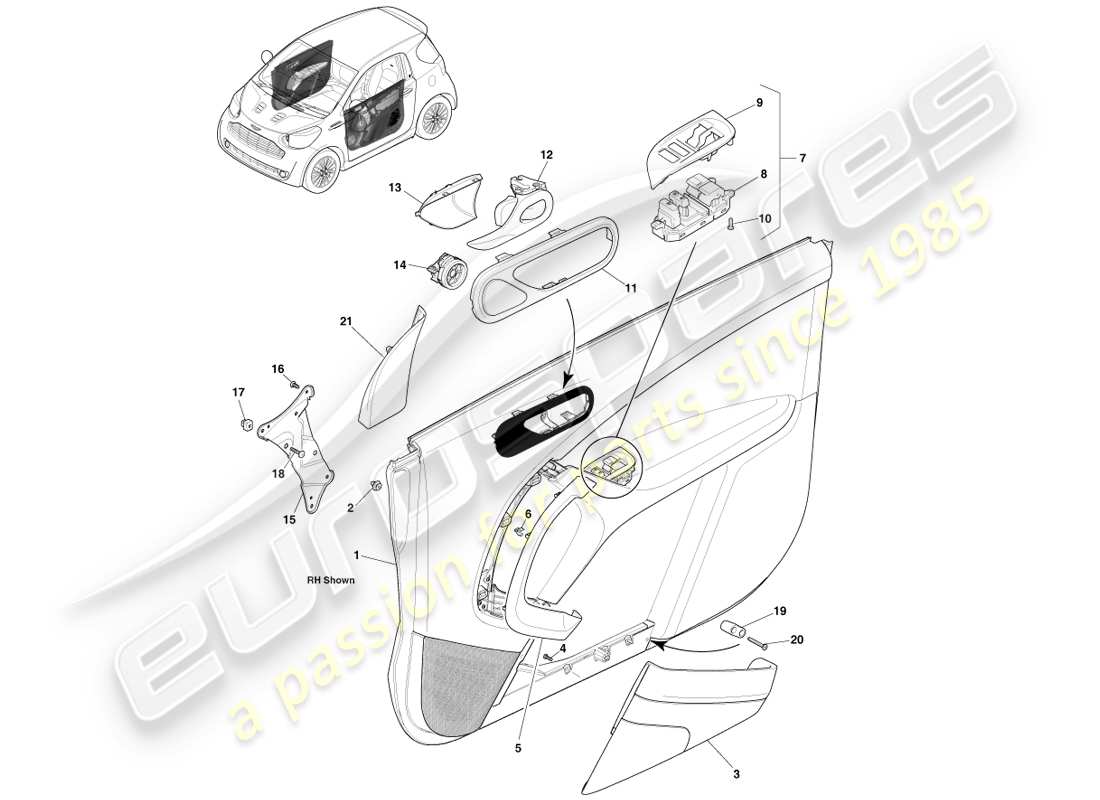 aston martin cygnet (2012) pannello di rivestimento della porta anteriore diagramma delle parti