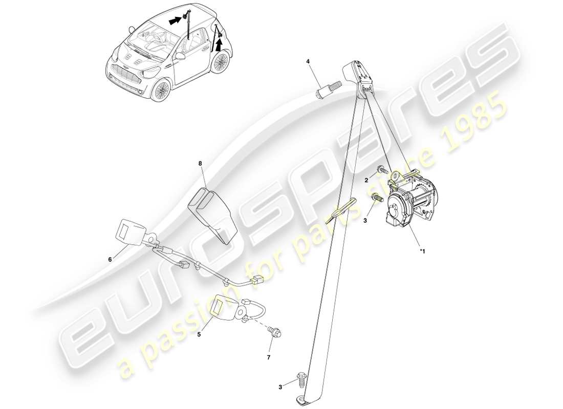 aston martin cygnet (2012) complessivo cintura di sicurezza posteriore diagramma delle parti