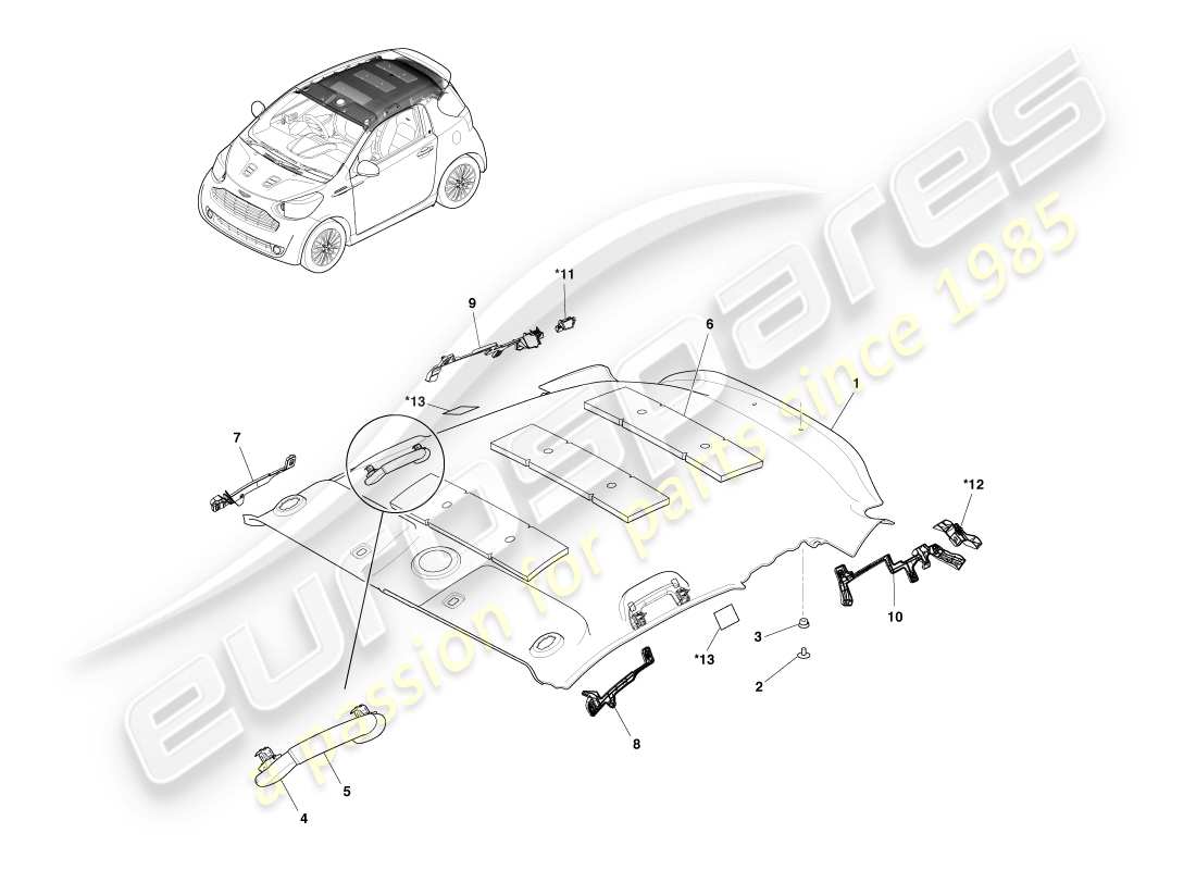 aston martin cygnet (2012) assemblea del headliner diagramma delle parti