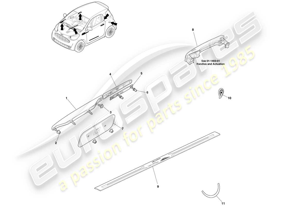 aston martin cygnet (2012) ornamenti sui lati e sui quarti del corpo diagramma delle parti