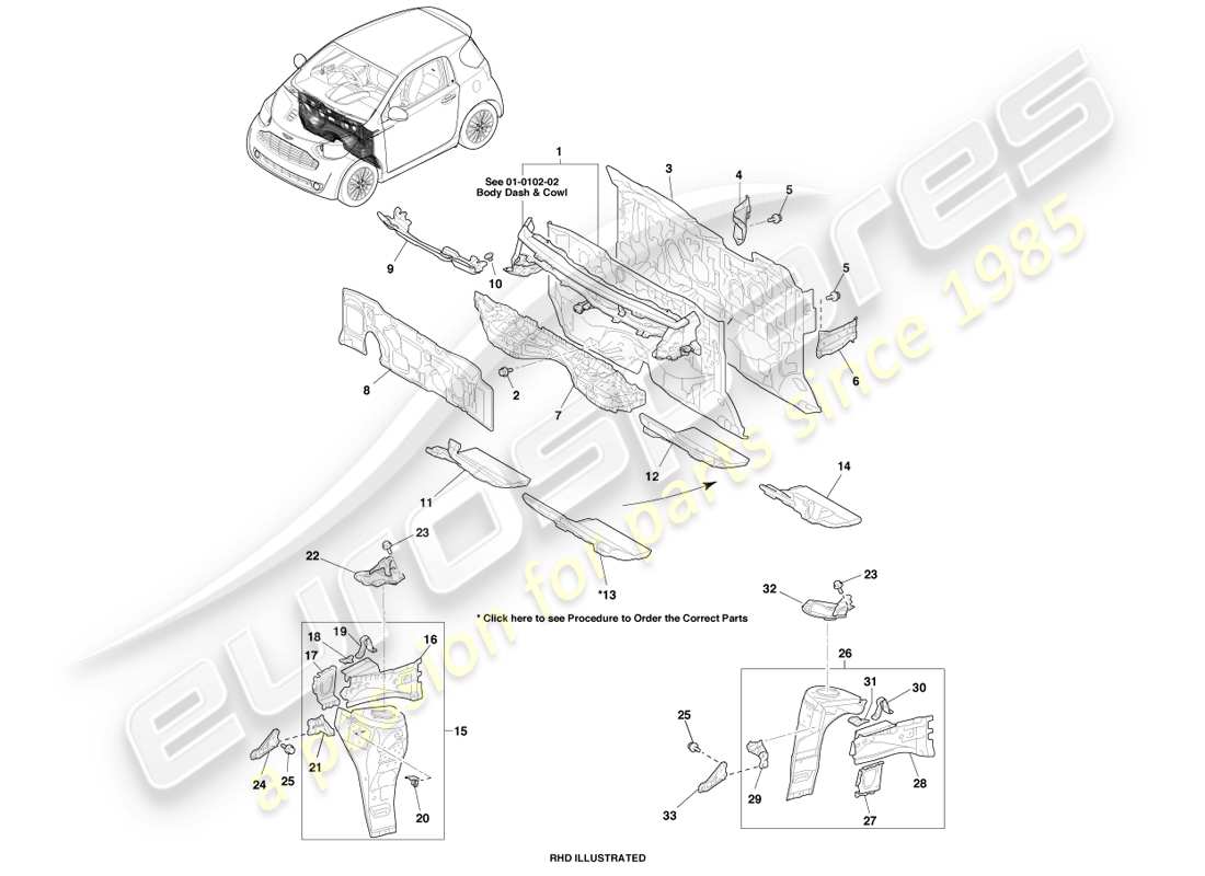 aston martin cygnet (2012) diagramma delle parti del grembiule e del cruscotto del parafango anteriore