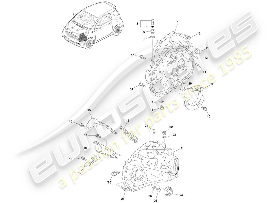 aston martin cygnet (2012) alloggiamento frizione e scatola trasmissione diagramma delle parti