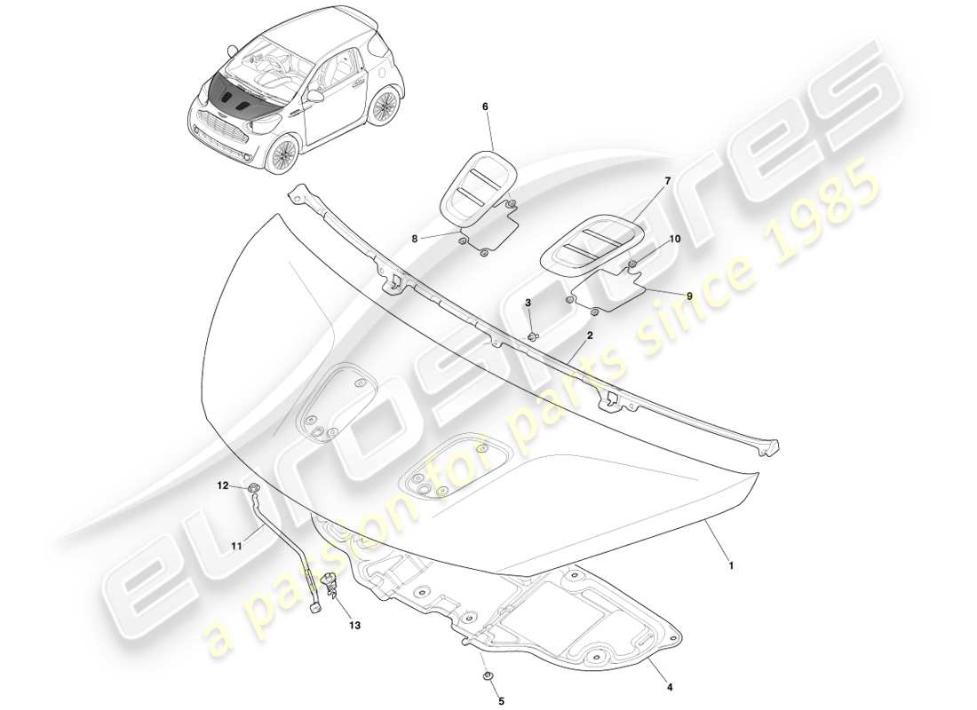 aston martin cygnet (2012) schema delle parti del gruppo cofano anteriore