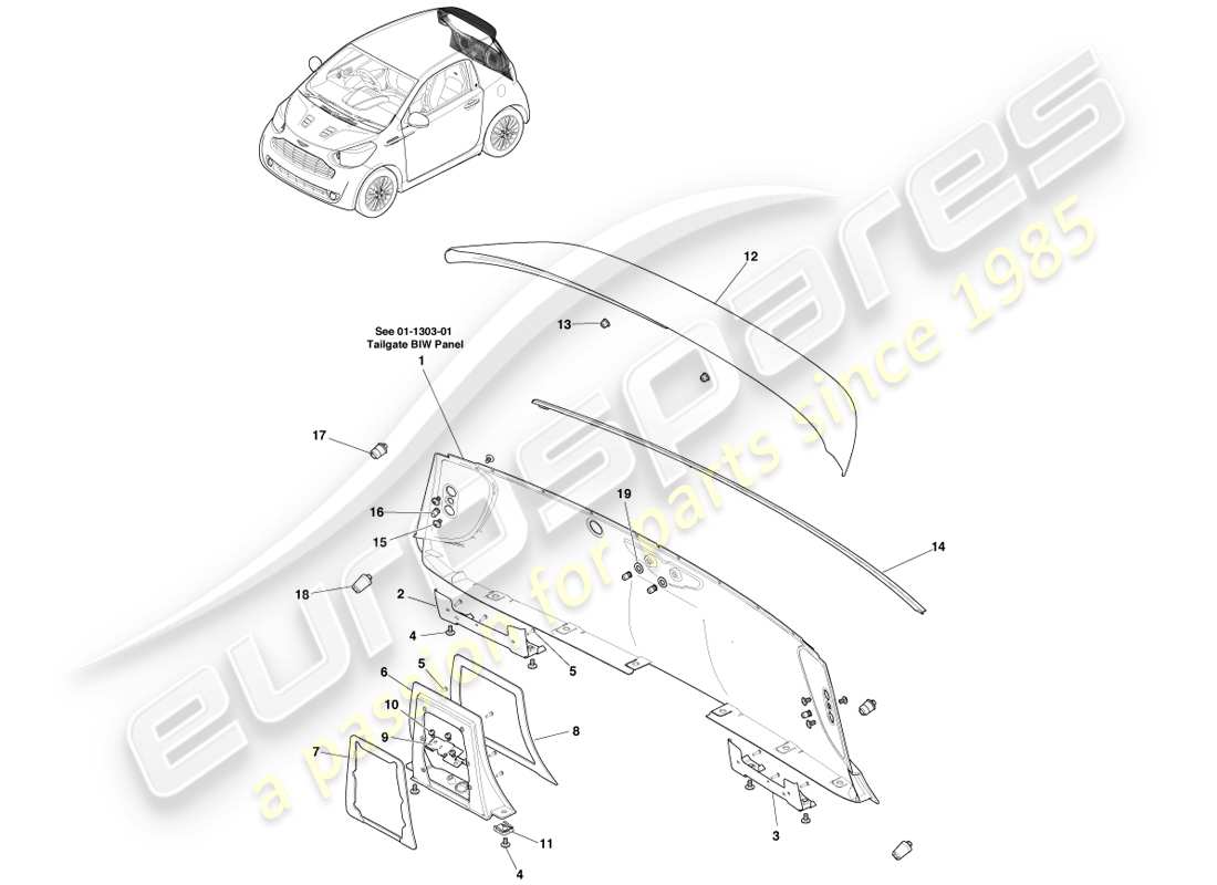 aston martin cygnet (2012) pannelli e fissaggi del portellone posteriore diagramma delle parti