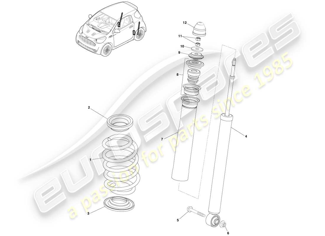 aston martin cygnet (2012) molla e ammortizzatore della sospensione posteriore diagramma delle parti