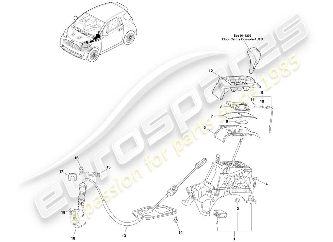 aston martin cygnet (2012) selezione marcia mech, auto diagramma delle parti