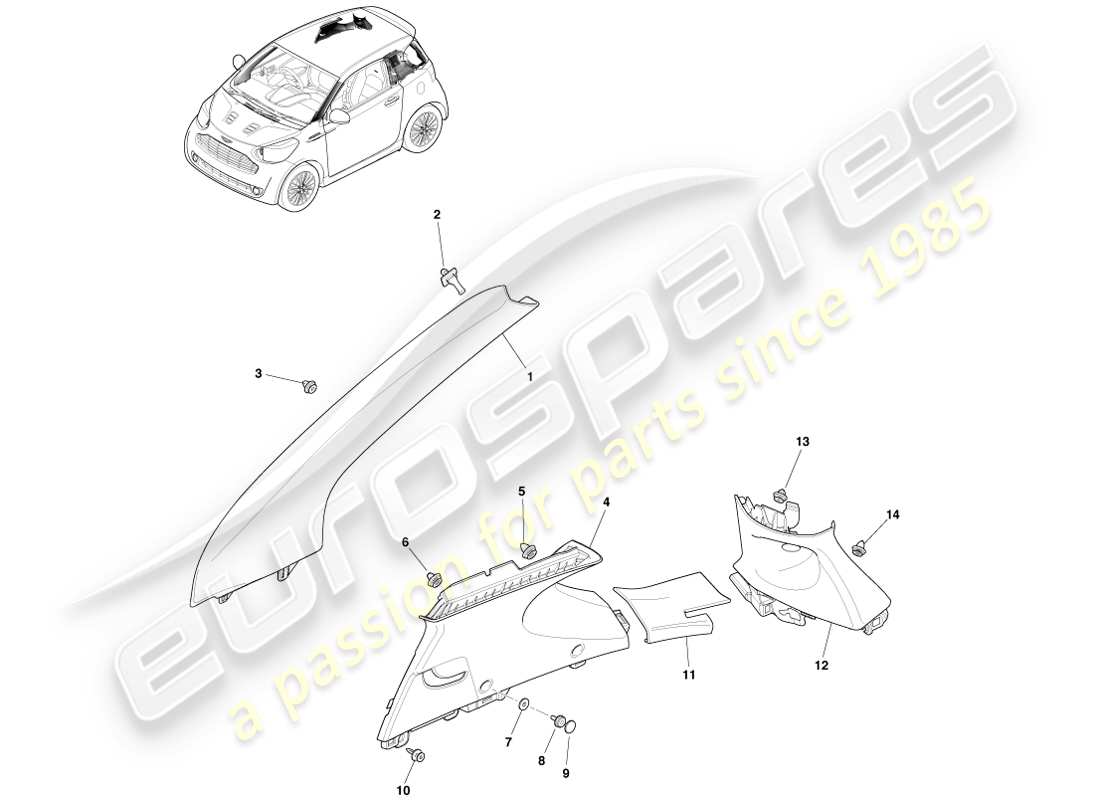 aston martin cygnet (2012) rivestimento del montante superiore diagramma delle parti