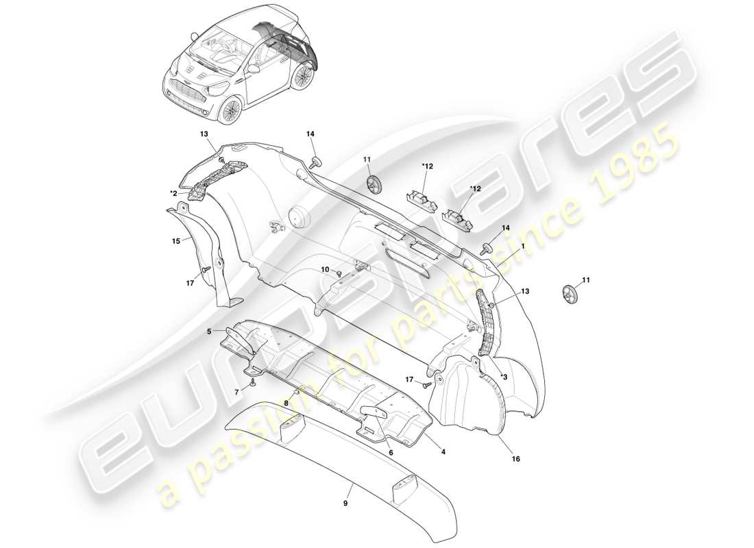 aston martin cygnet (2012) schema delle parti del gruppo paraurti posteriore