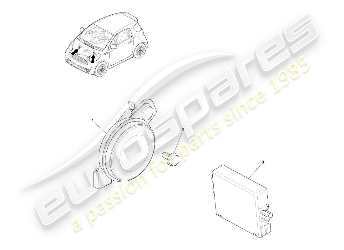 aston martin cygnet (2012) schema delle parti di avvisatori acustici e immobilizzatore