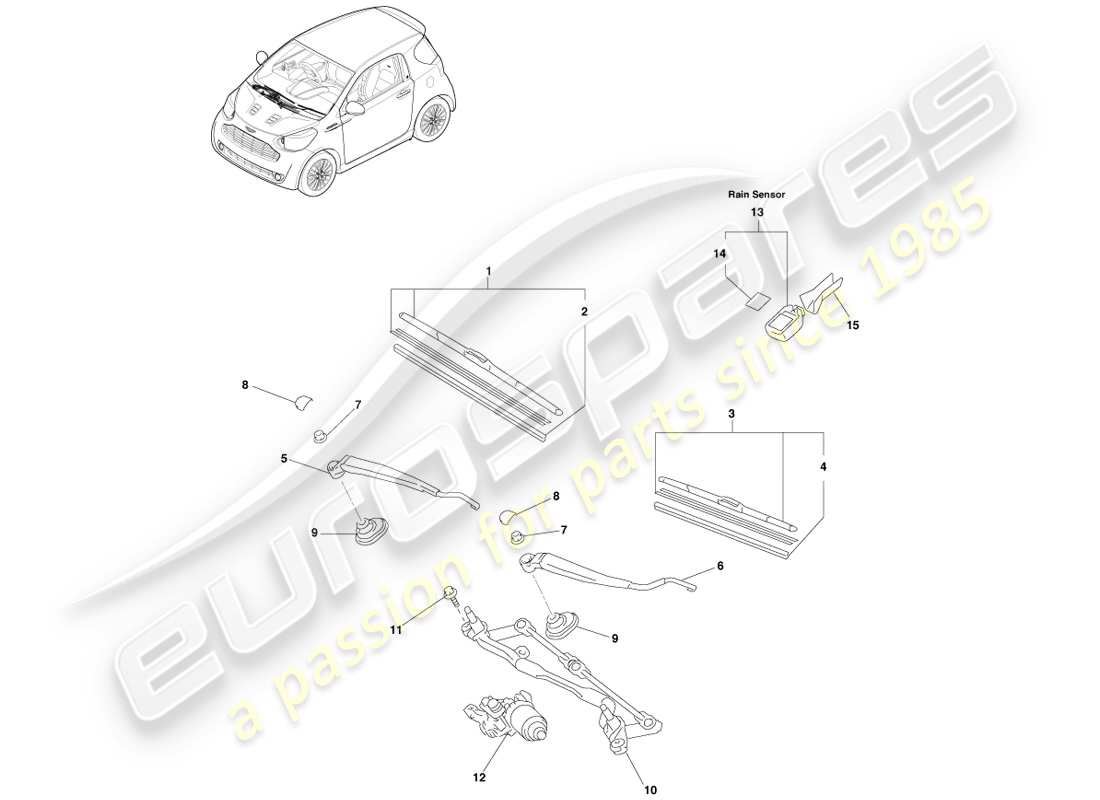 aston martin cygnet (2012) tergicristallo anteriore, guida a destra diagramma delle parti