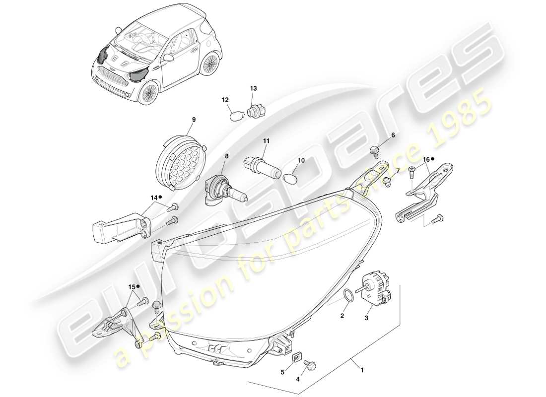 aston martin cygnet (2012) diagramma delle parti dei fari anteriori