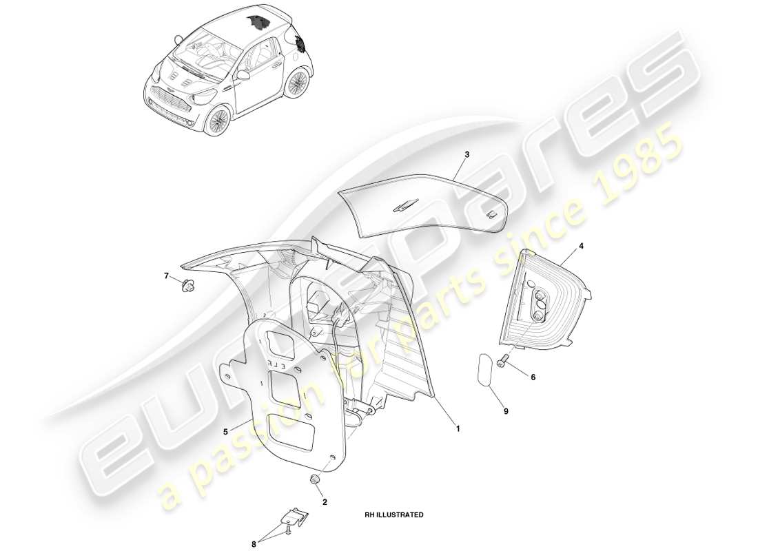 aston martin cygnet (2012) luci posteriori diagramma delle parti