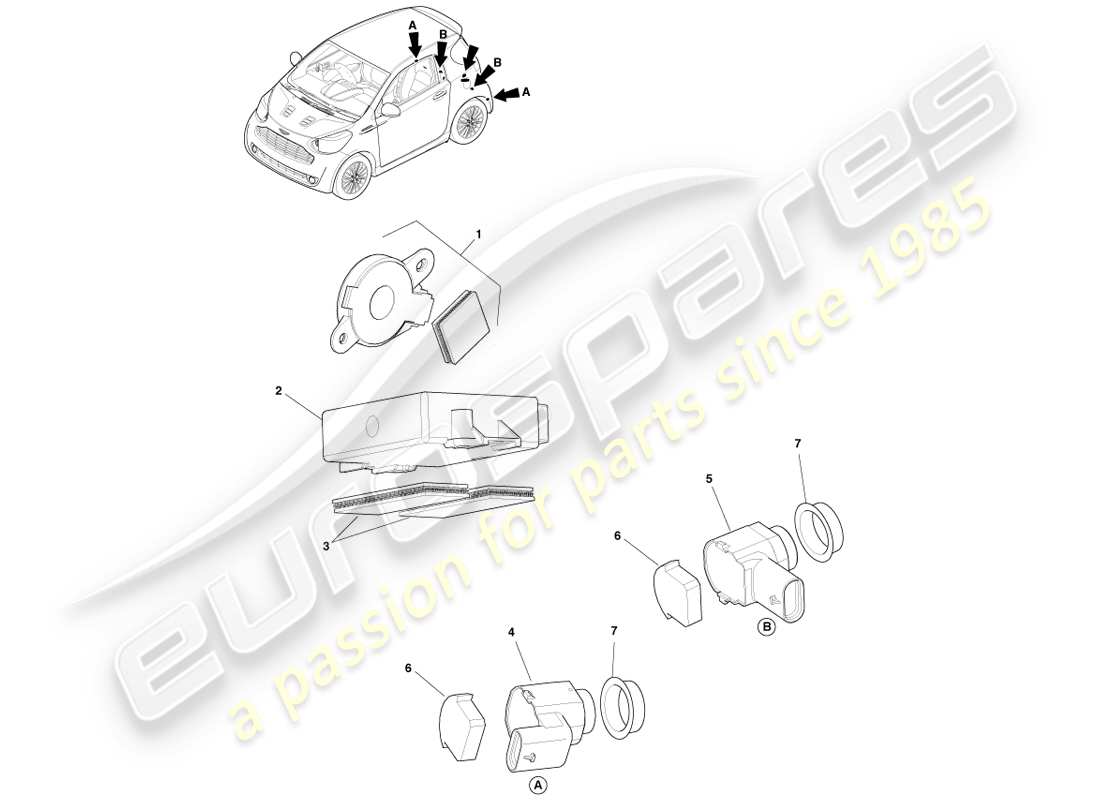 aston martin cygnet (2012) ausili per la retromarcia di parcheggio diagramma delle parti