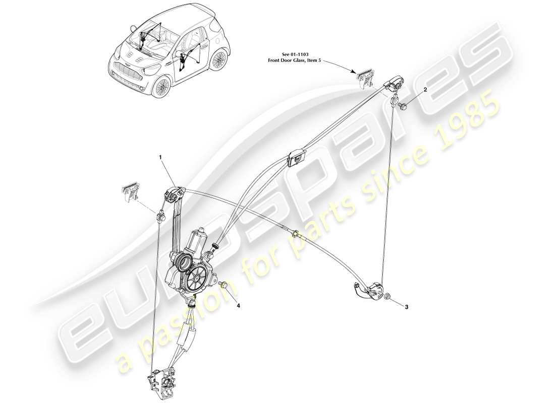 aston martin cygnet (2012) alzacristalli laterali anteriori diagramma delle parti