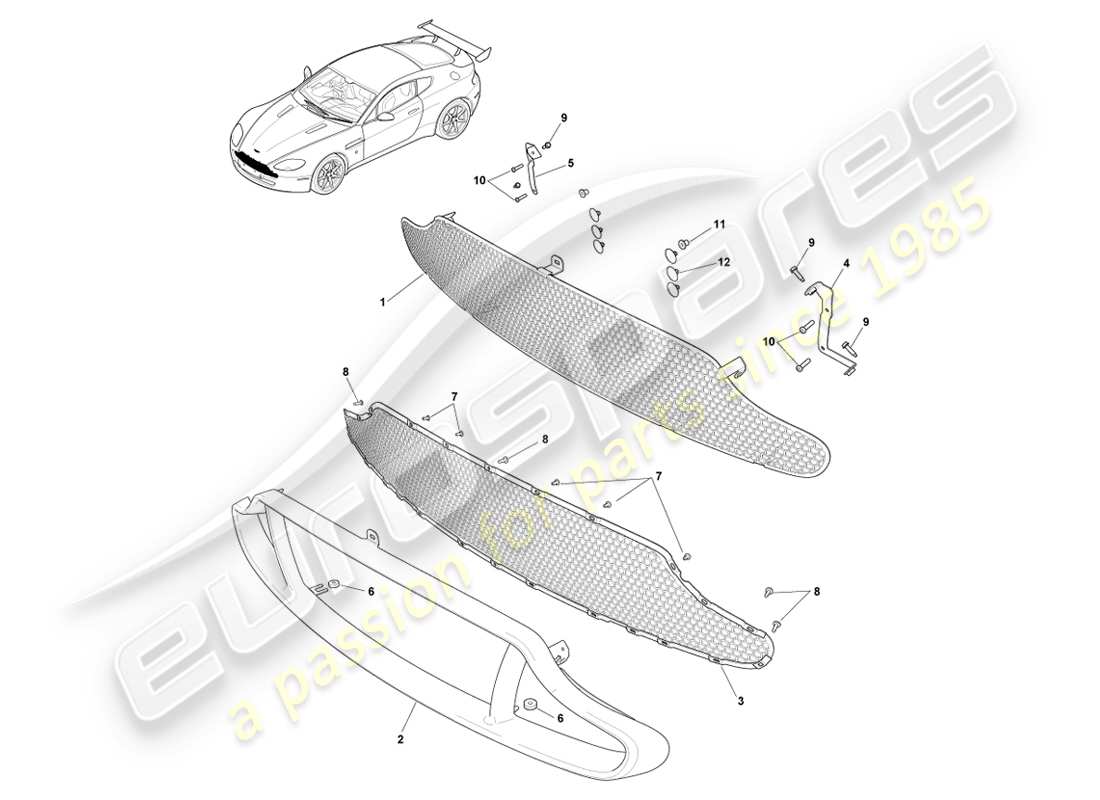 aston martin v8 vantage (2007) griglia del radiatore, diagramma delle parti gt8 e v8 18my