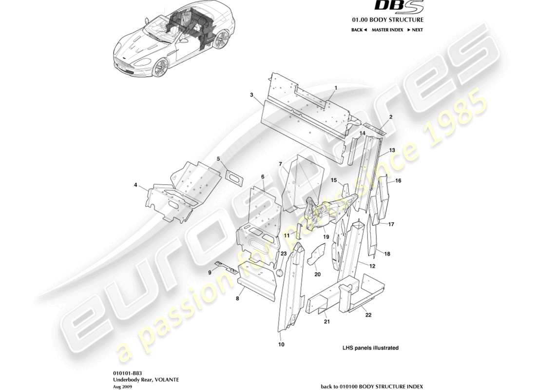 aston martin dbs (2009) sottoscocca posteriore, volante diagramma delle parti