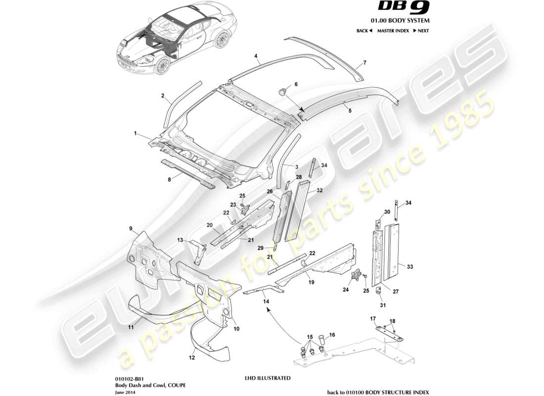 aston martin db9 (2004) cruscotto e cofano, coupé diagramma delle parti