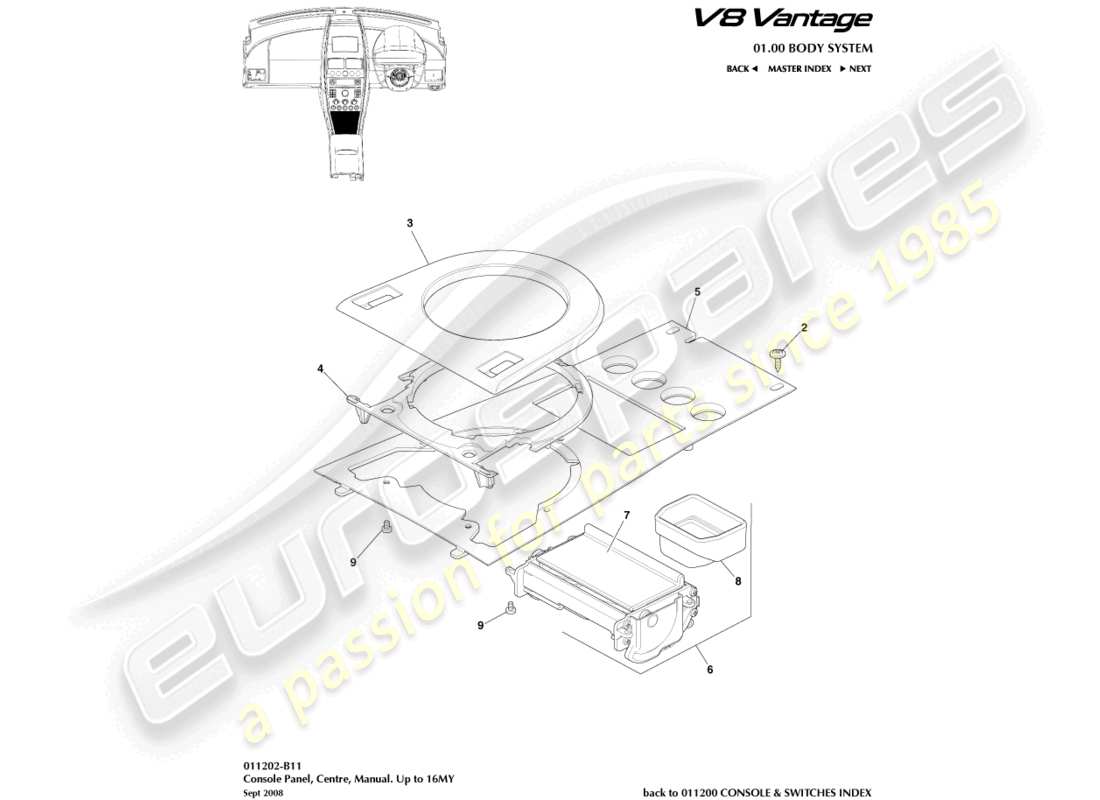 aston martin v8 vantage (2012) console anteriore, manuale, diagramma delle parti 16my