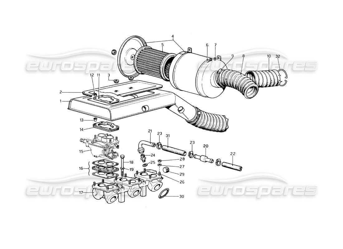 ferrari 246 dino (1975) diagramma delle parti del filtro dell'aria e dei collettori
