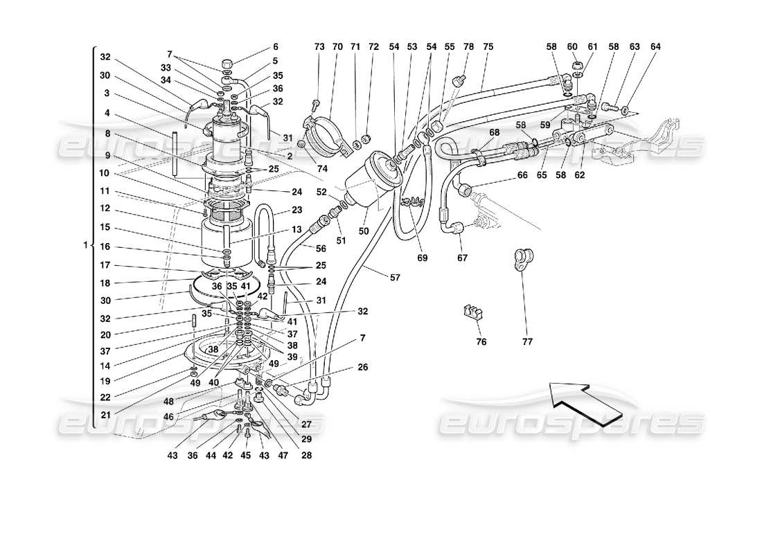ferrari 355 (2.7 motronic) diagramma delle parti della pompa del carburante e dei tubi